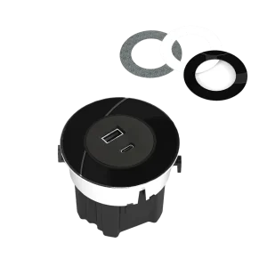 Presa da incasso con 1 USB A e 1 USB C | Anello superiore in 3 finiture (vetro bianco, vetro nero e inox)