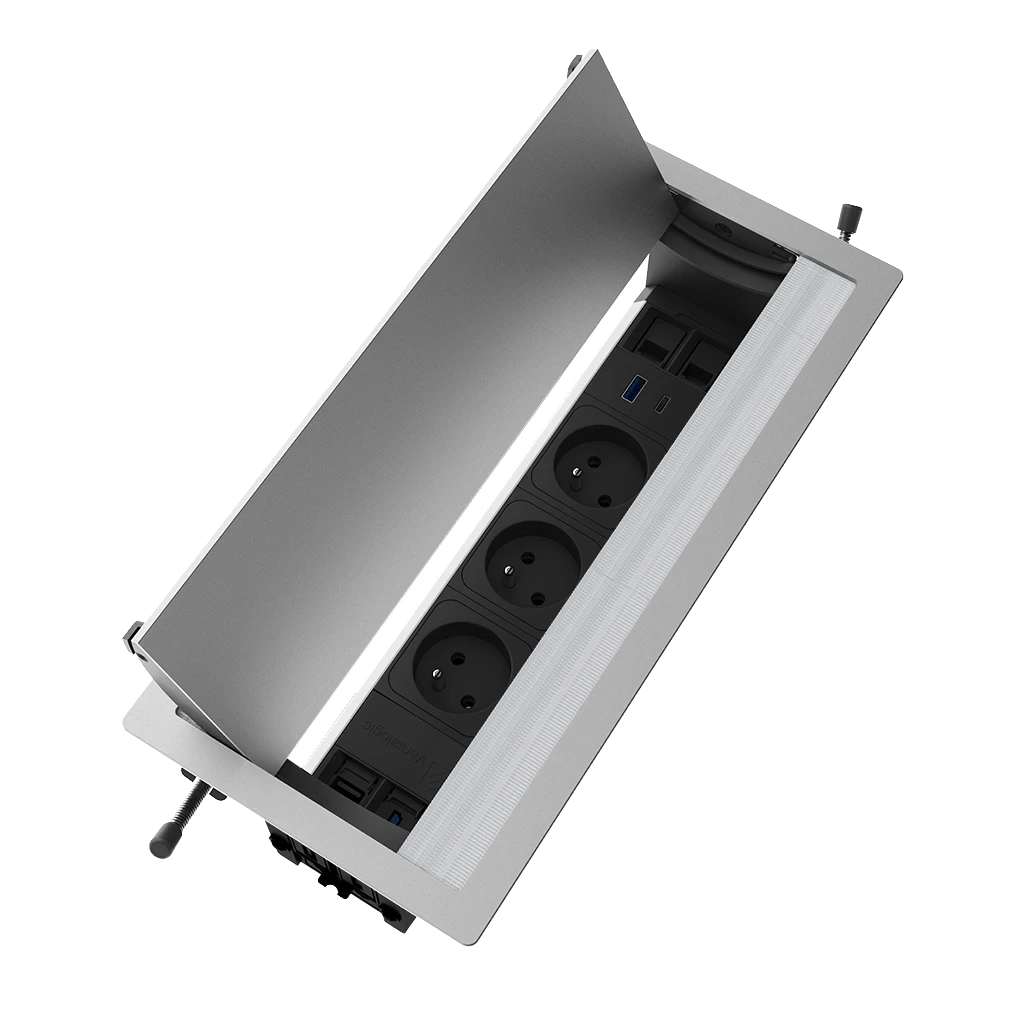 Multipresa a scomparsa con 3 prese tipo Francia (E), USB tipo A, USB tipo C, HDMI, 2 RJ 45 | Cornice in alluminio