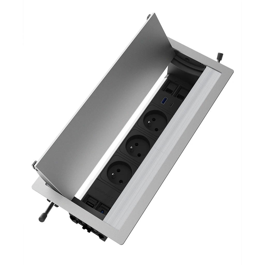 Multipresa a scomparsa con 3 prese tipo Francia (E), USB tipo A, USB tipo C, HDMI, 2 RJ 45 | Cornice in alluminio