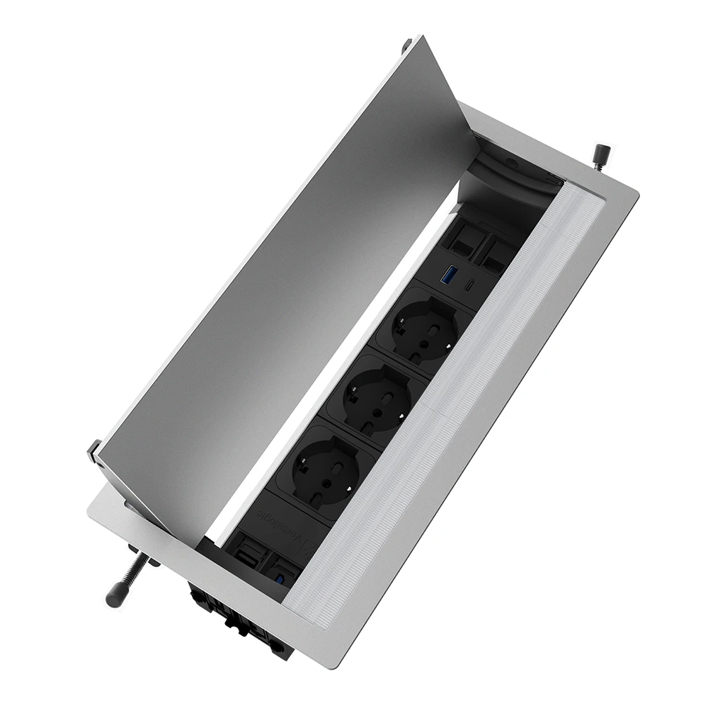 Multipresa a scomparsa con 3 prese tipo unel, USB tipo A, USB tipo C, HDMI, 2 RJ 45 | Cornice in alluminio