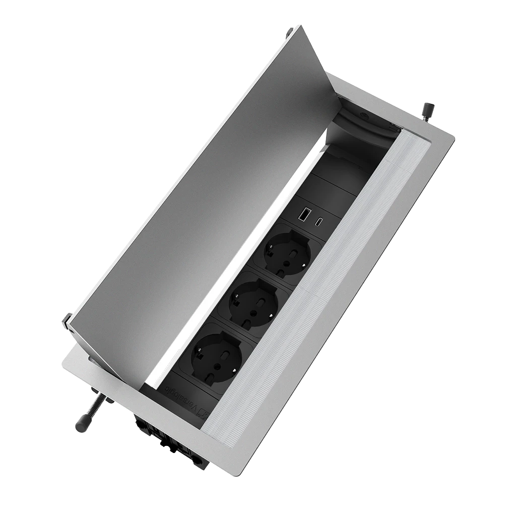 Multipresa a scomparsa con 3 prese tipo unel, USB tipo A e USB tipo C | Cornice in alluminio