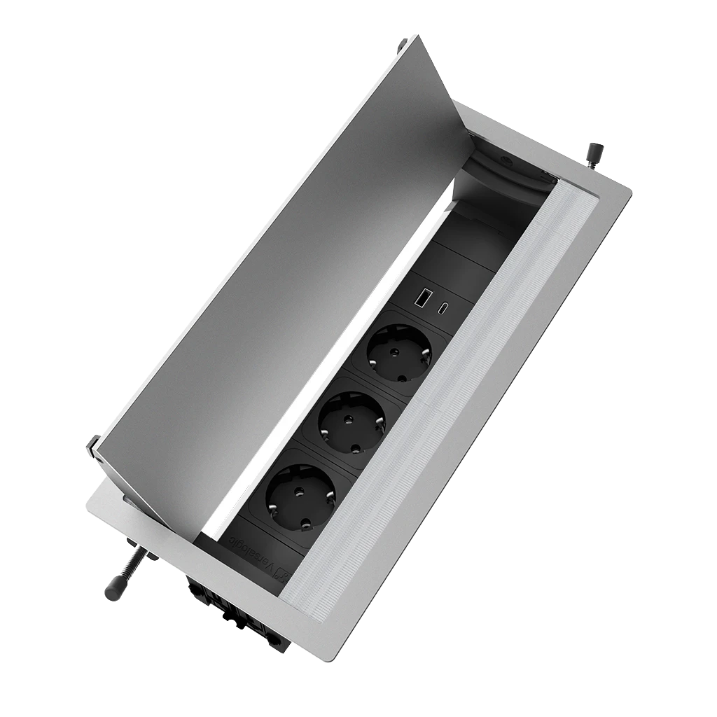 Multipresa a scomparsa con 3 prese tipo schuko, USB tipo A e USB tipo C | Cornice in alluminio