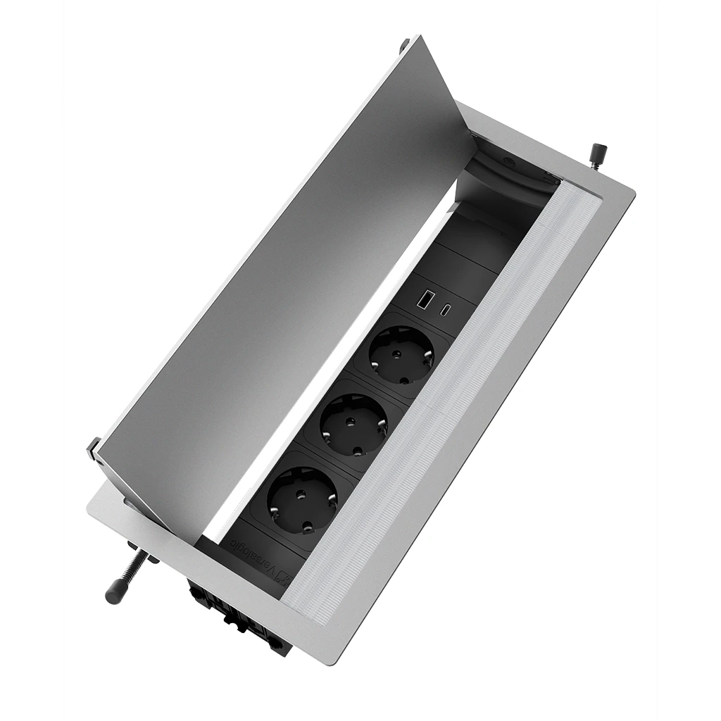 Multipresa a scomparsa con 3 prese tipo schuko, USB tipo A e USB tipo C | Cornice in alluminio