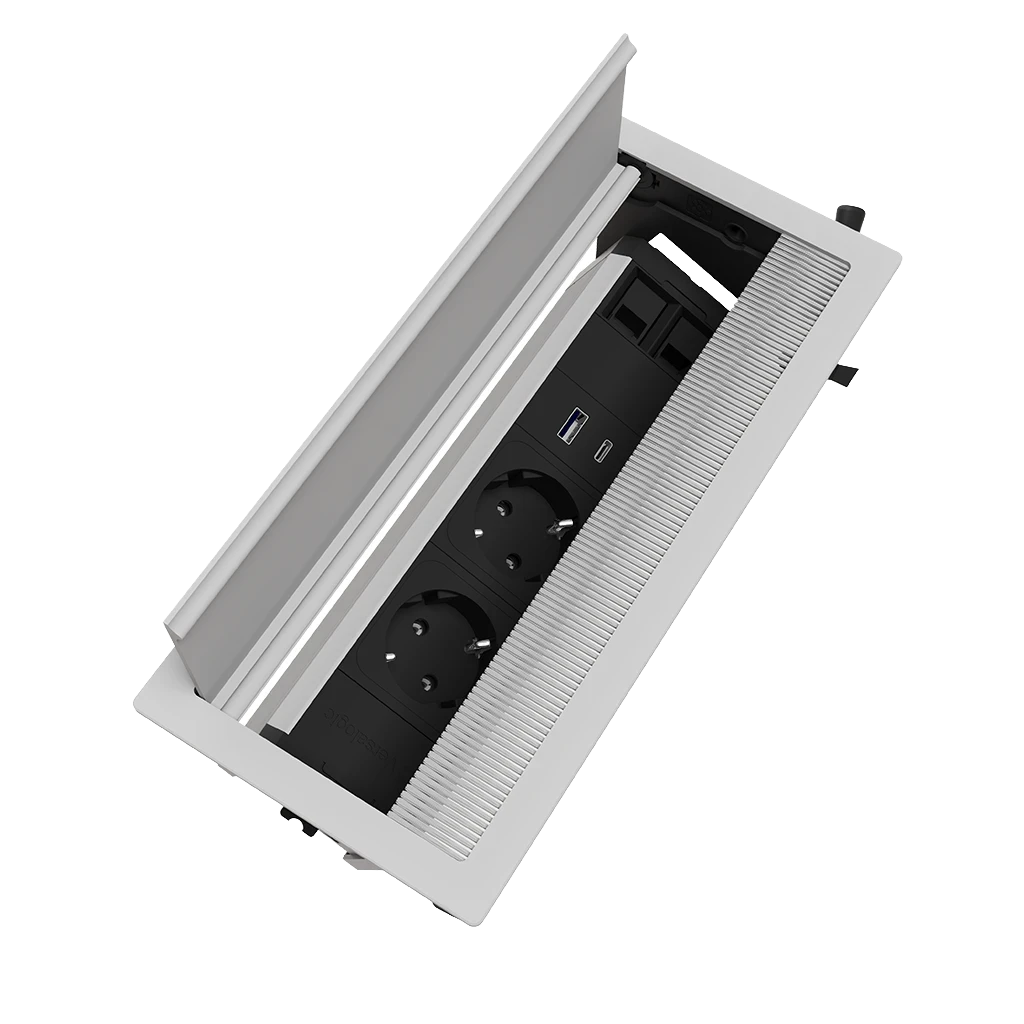 Multipresa a scomparsa con 2 prese tipo schuko, USB tipo A, USB tipo C e 2 RJ 45 | Cornice in alluminio