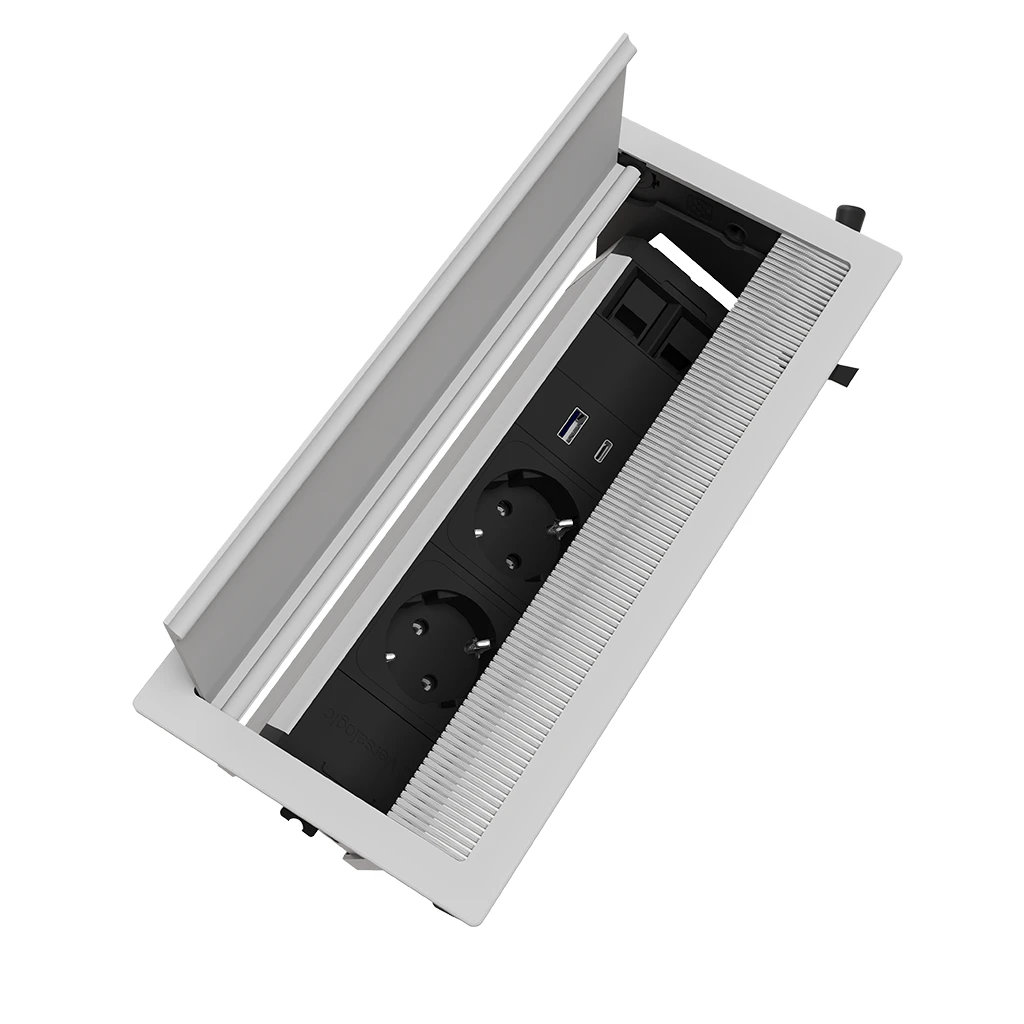 Multipresa a scomparsa con 2 prese tipo schuko, USB tipo A, USB tipo C e 2 RJ 45 | Cornice in alluminio