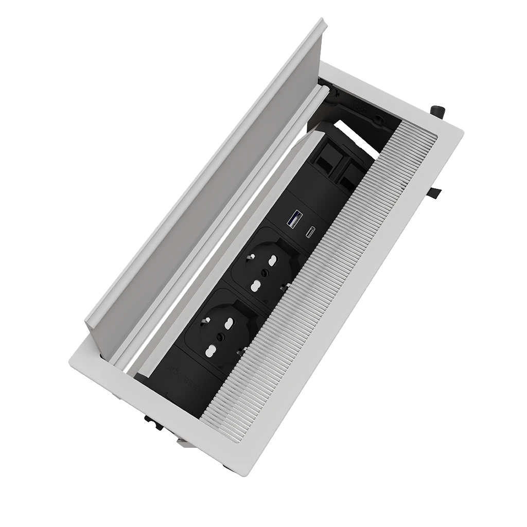 Multipresa a scomparsa con 2 prese tipo unel, USB tipo A, USB tipo C e 2 RJ 45 | Cornice in alluminio
