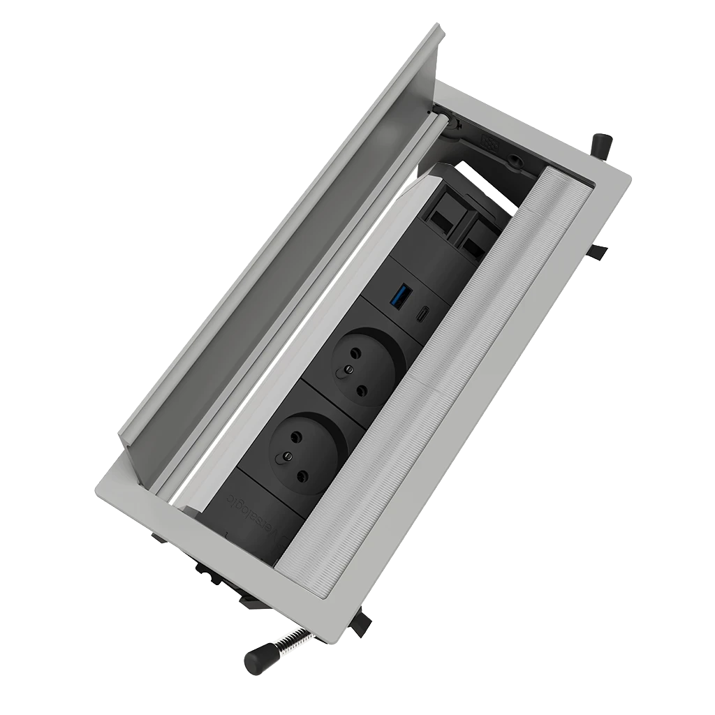 Multipresa a scomparsa con 3 prese tipo Francia (E), USB tipo A, USB tipo C | Cornice in alluminio