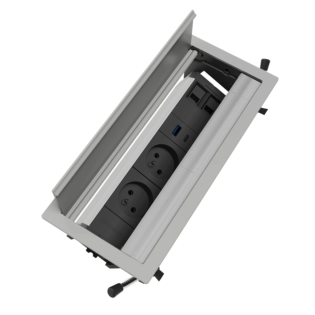 Multipresa a scomparsa con 3 prese tipo Francia (E), USB tipo A, USB tipo C | Cornice in alluminio