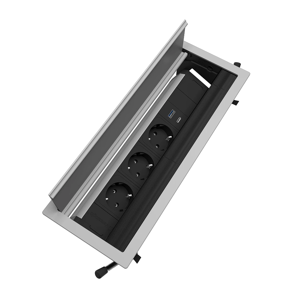 Multipresa a scomparsa con 3 prese tipo schuko, USB tipo A, USB tipo C | Cornice in alluminio