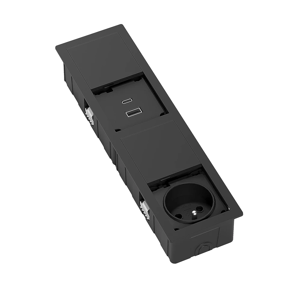 Multipresa a scomparsa rettangolare con 1 presa tipo Francia (E), USB tipo A, 1 USB tipo C e cavo di alimentazione 2 m con spina elettrica separata