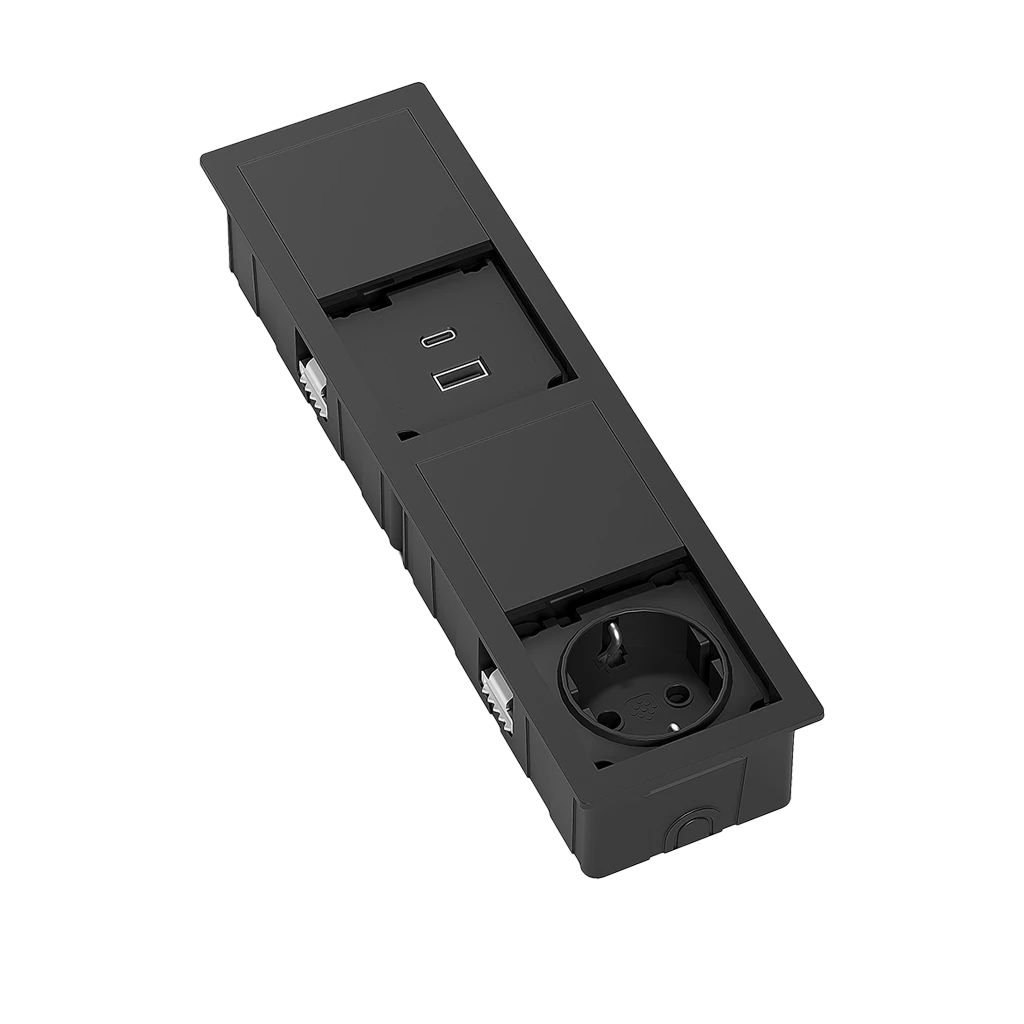 Multipresa a scomparsa rettangolare con 1 presa schuko, USB tipo A, 1 USB tipo C e cavo di alimentazione 2 m con spina elettrica separata