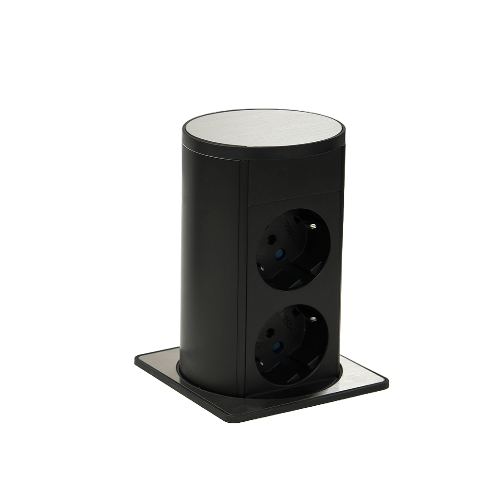 Squared pop-up power supply tower with 2 Schuko sockets and 2 m power cable with separate plug