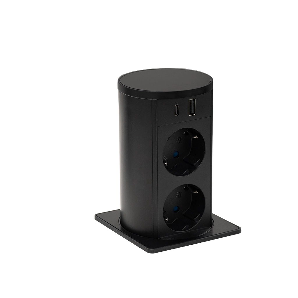 Squared pop-up power supply tower with 2 Schuko sockets, 1 USB type C, 1 USB type A and 2 m power cable with separate plug - immagine 2