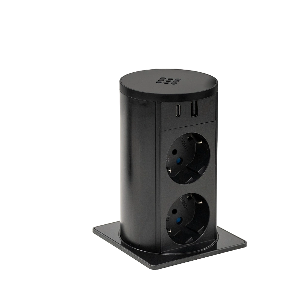 Torretta estraibile quadra con 2 prese tipo p30, USB tipo A, USB tipo C, wirelesscharger e cavo di alimentazione 2 m con spina elettrica separata
