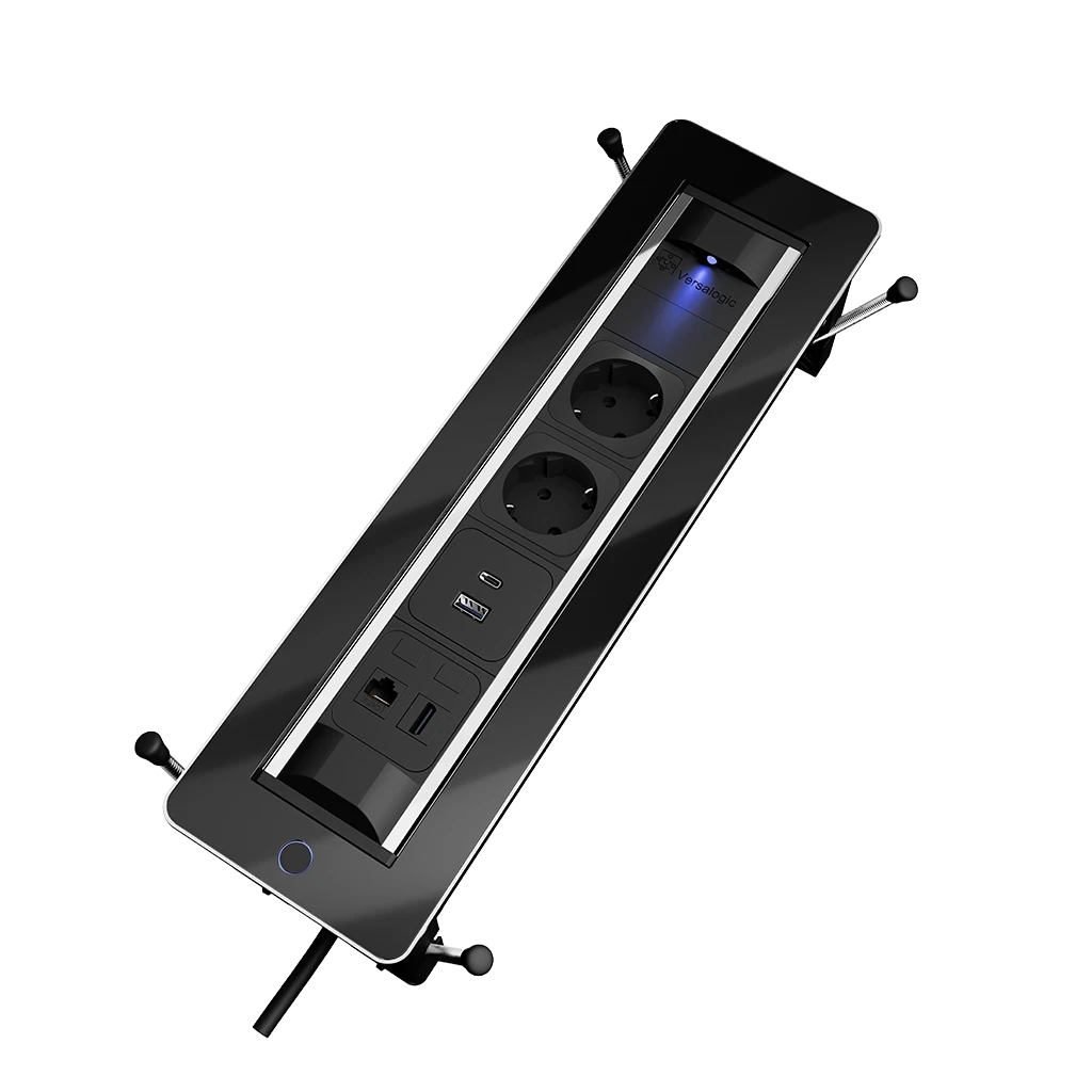 Multipresa da incasso con 2 prese tipo schuko, 1 USB tipo A, 1 USB tipo C, HDMI e RJ 45 | Cornice in vetro e cavo di alimentazione 2 m con spina separata