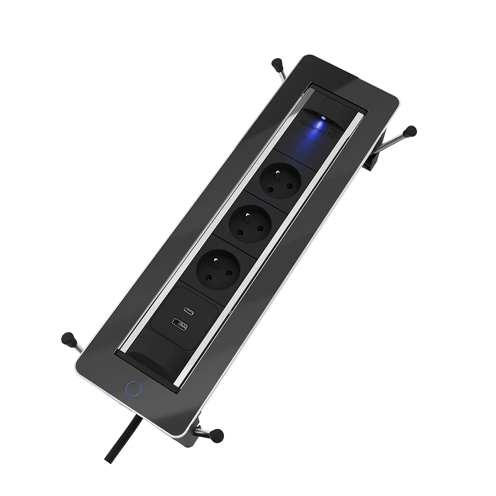 Multipresa da incasso con 2 prese tipo Francia (E), 1 USB tipo A, 1 USB tipo C, HDMI e RJ 45 | Cornice in vetro e cavo di alimentazione 2 m con spina separata
