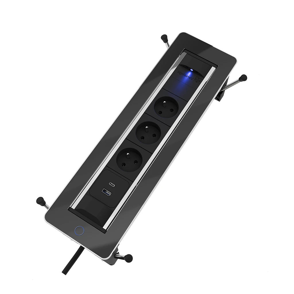 Multipresa da incasso con 2 prese tipo Francia (E), 1 USB tipo A, 1 USB tipo C, HDMI e RJ 45 | Cornice in vetro e cavo di alimentazione 2 m con spina separata