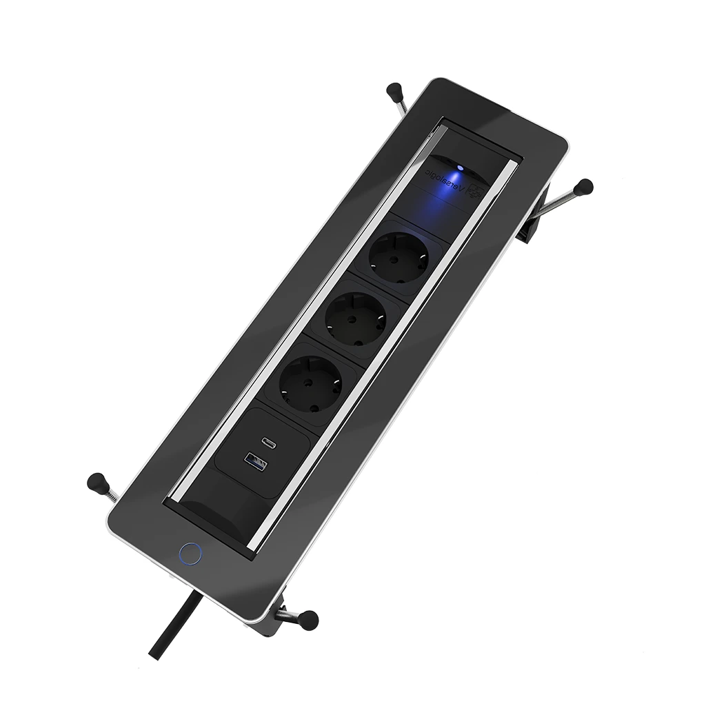 Multipresa da incasso con 3 prese tipo schuko | Cornice in vetro e cavo di alimentazione 2 m con spina separata