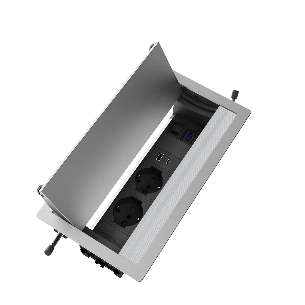 Multipresa a scomparsa con 2 prese tipo unel, USB tipo A, USB tipo C, HDMI, 1 RJ 45 | Cornice in alluminio