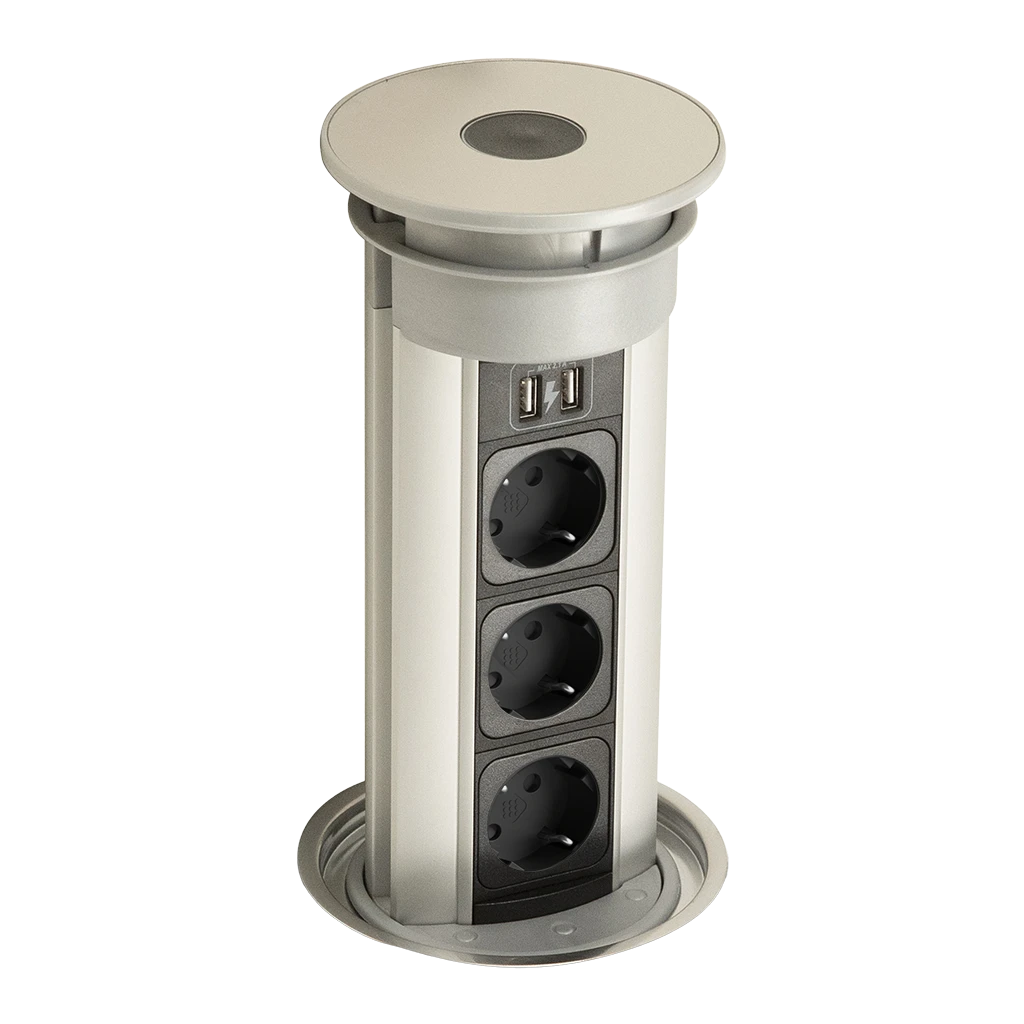Torretta elettrica a scomparsa con 3 prese Schuko, 2 USB-A, Push&Pull e IP54, profilo alluminio