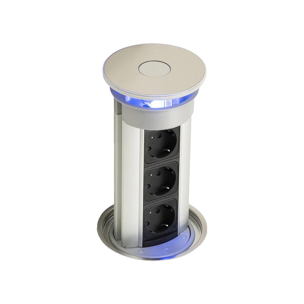 Multipresa verticale a scomparsa estraibile sistema Push&Pull, profilo alluminio tappo satinato 3 prese schuko