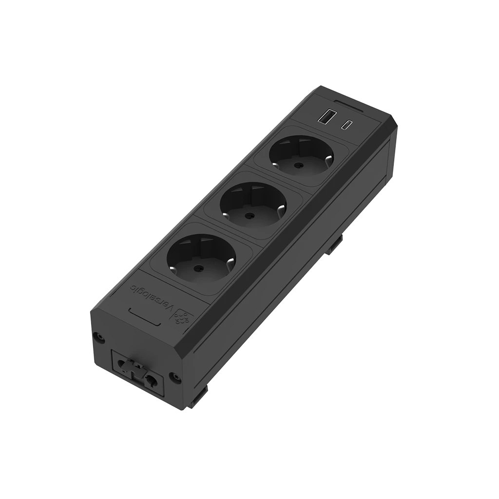 Multipresa in alluminio con 3 prese schuko e 1 USB tipo A, 1 USB tipo C, con continuità