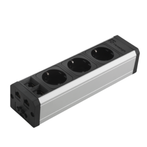 Multipresa in alluminio con 3 prese schuko e 2 RJ45, con continuità
