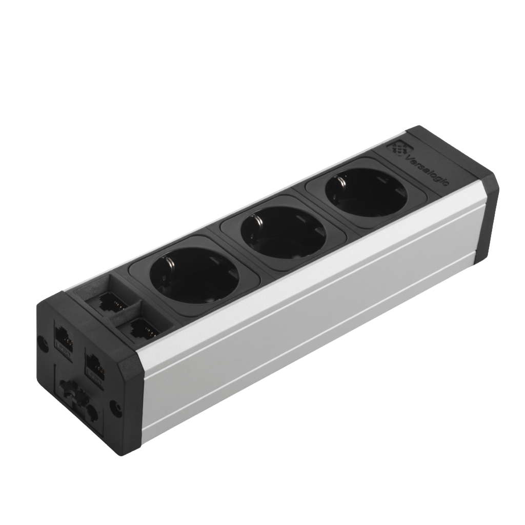 Multipresa in alluminio con 3 prese schuko e 2 RJ45, con continuità